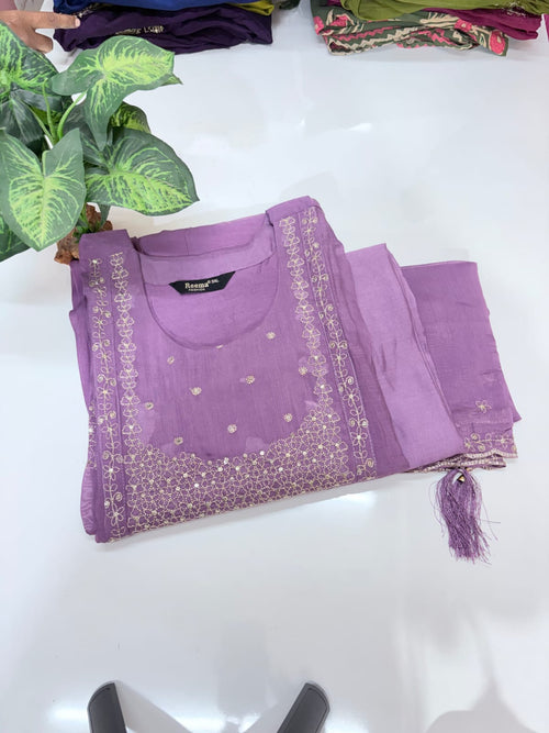 Plus Size Mul Chanderi A-Line Umbrella Kurti Set with Embroidered Dupatta | 3-Piece Ethnic Wear - Lavender
