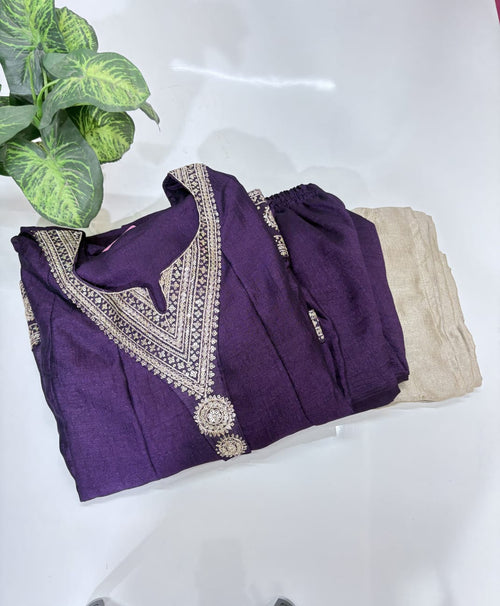 Plus Size Vichitra Fabric Anarkali Umbrella Suit Set with Embroidered Dupatta | 3-Piece Ethnic Wear - Royal Purple