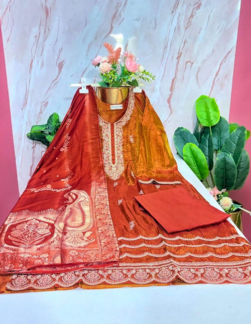 Plus Size Orange Shimmer Straight Cut Kurti Set with Banarasi Dupatta | 3-Piece Ethnic Wear