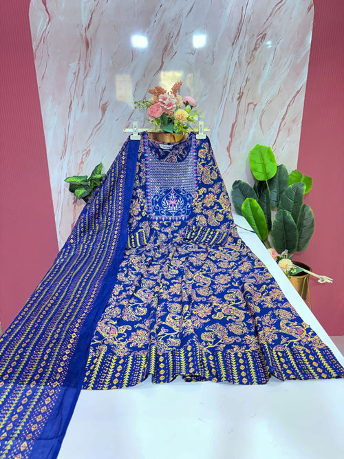 Ink Blue Printed Rayon Plus Size Umbrella Kurti with Dupatta