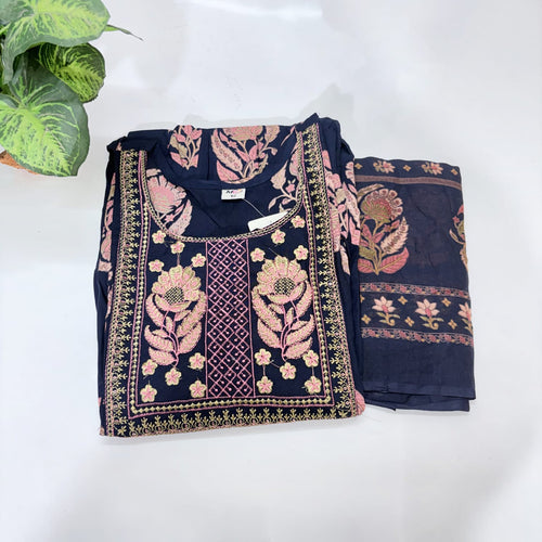 Navy Blue Printed Rayon Plus Size Umbrella Kurti with Dupatta
