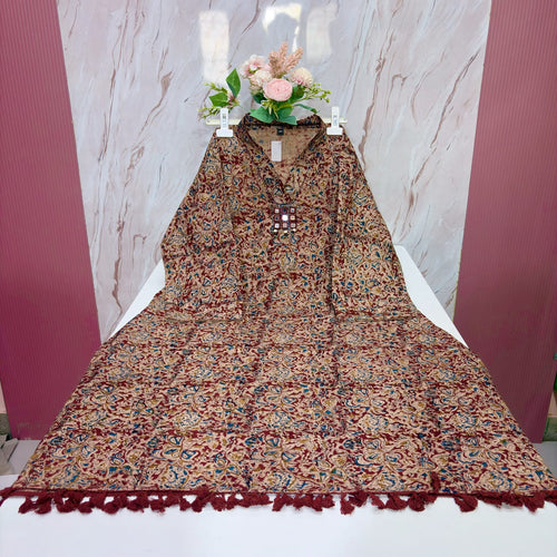 Maroon Kalamkari Print Cotton A-Line Kurti