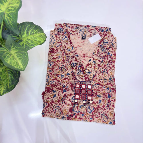Maroon Kalamkari Print Cotton A-Line Kurti