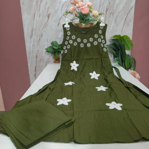 Vertican Fabric A-Line Kurti with Semi Palazzo Set - Green