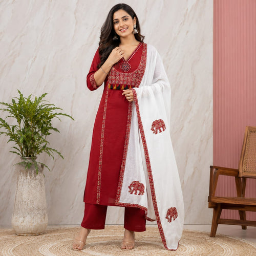 Dabu Cotton 3-Piece Kurti Set Elephant motif Dupatta