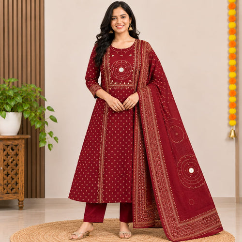 Elegant Maroon A-Line Cotton Kurti Set