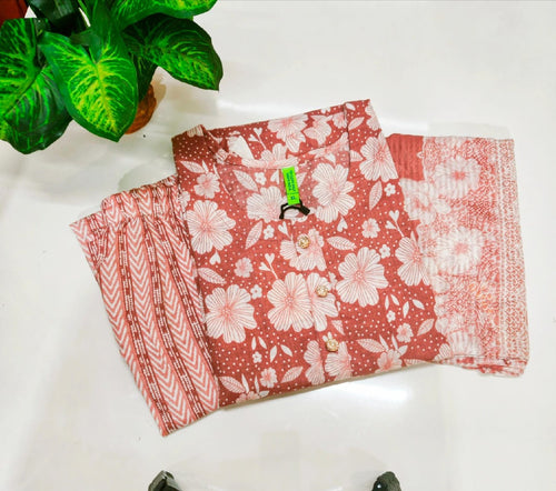 Blended Cotton Kurti with Pant & Dupatta Set