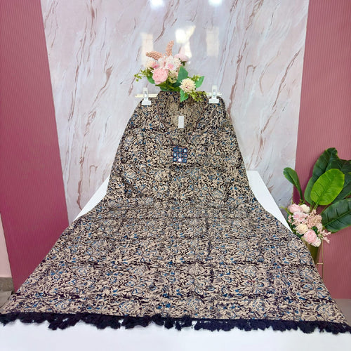 Black Kalamkari Print Cotton A-Line Kurti