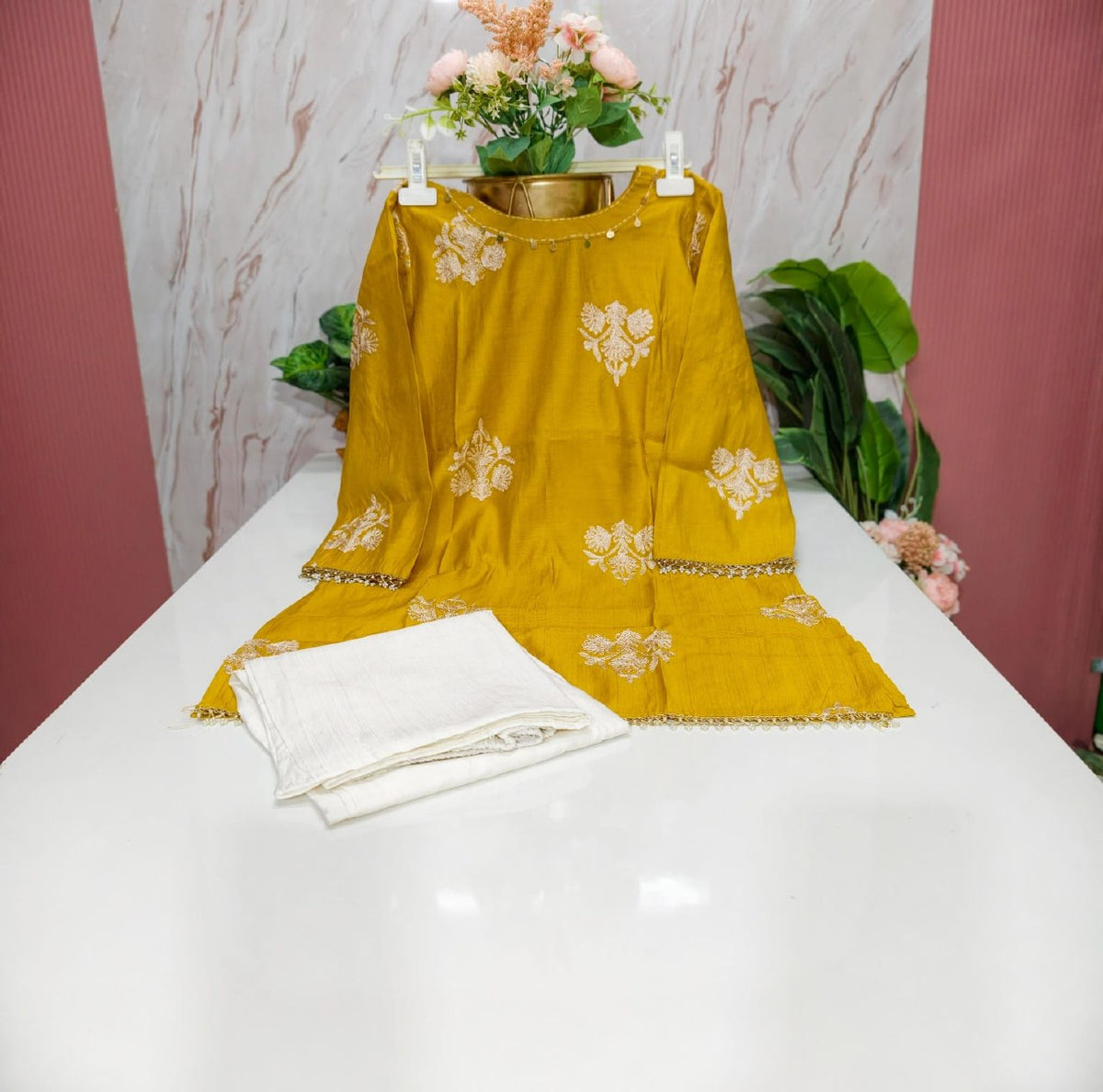 Vatican Fabric Embroidered Top with Palazzo Pants - Yellow