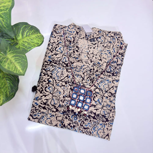 Black Kalamkari Print Cotton A-Line Kurti