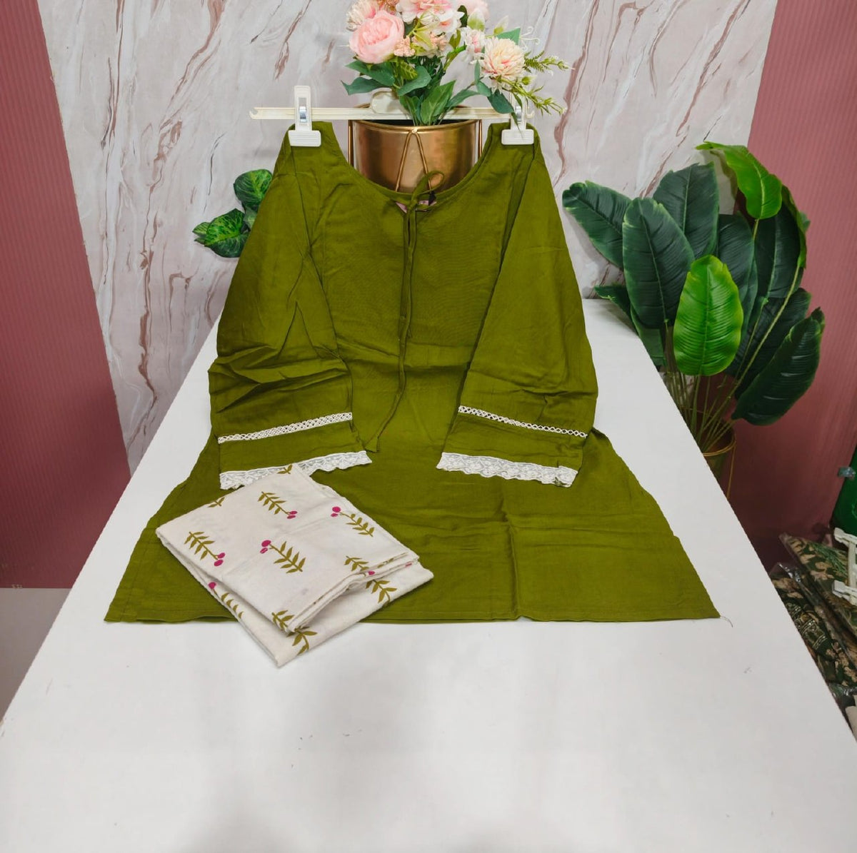 Rayon Top with Handloom Cotton Pant Co-ord Set - Green