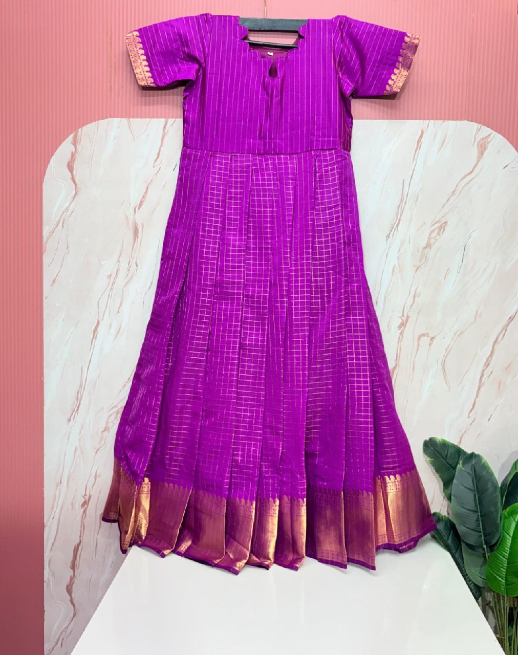 Scallop Neck Zari Border Checked Frock