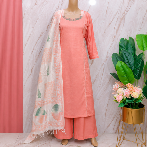 Elegant Slub Cotton A-Line Kurti Set