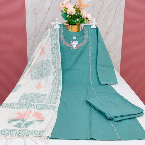 Elegant Slub Cotton A-Line Kurti Set