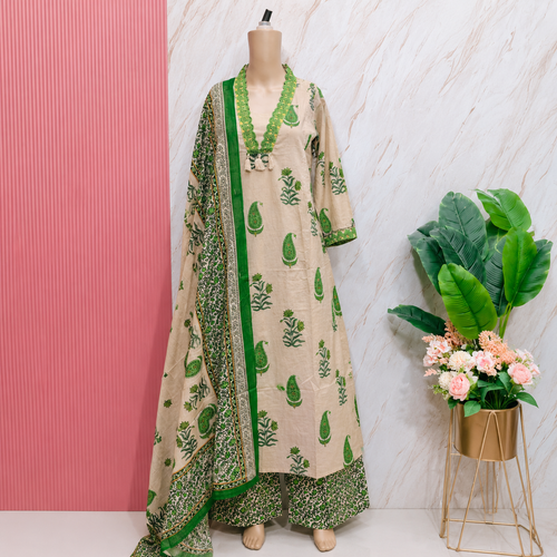 Premium 60's Cotton Green Print A-Line Kurti Set