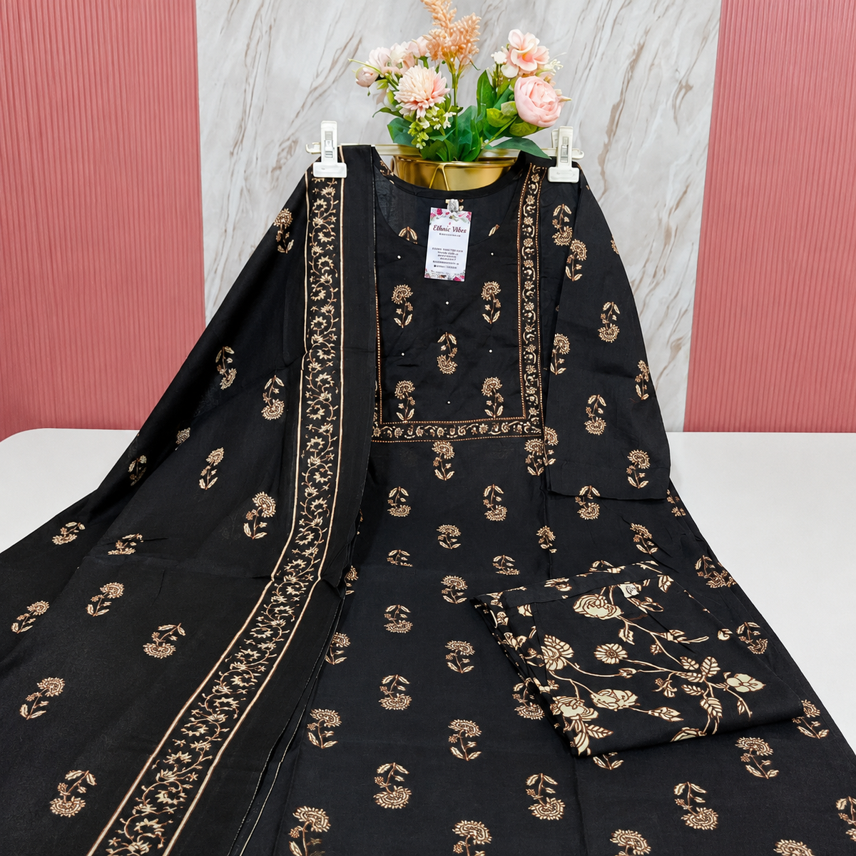 Premium Black 60s Cotton Straight Kurti Set