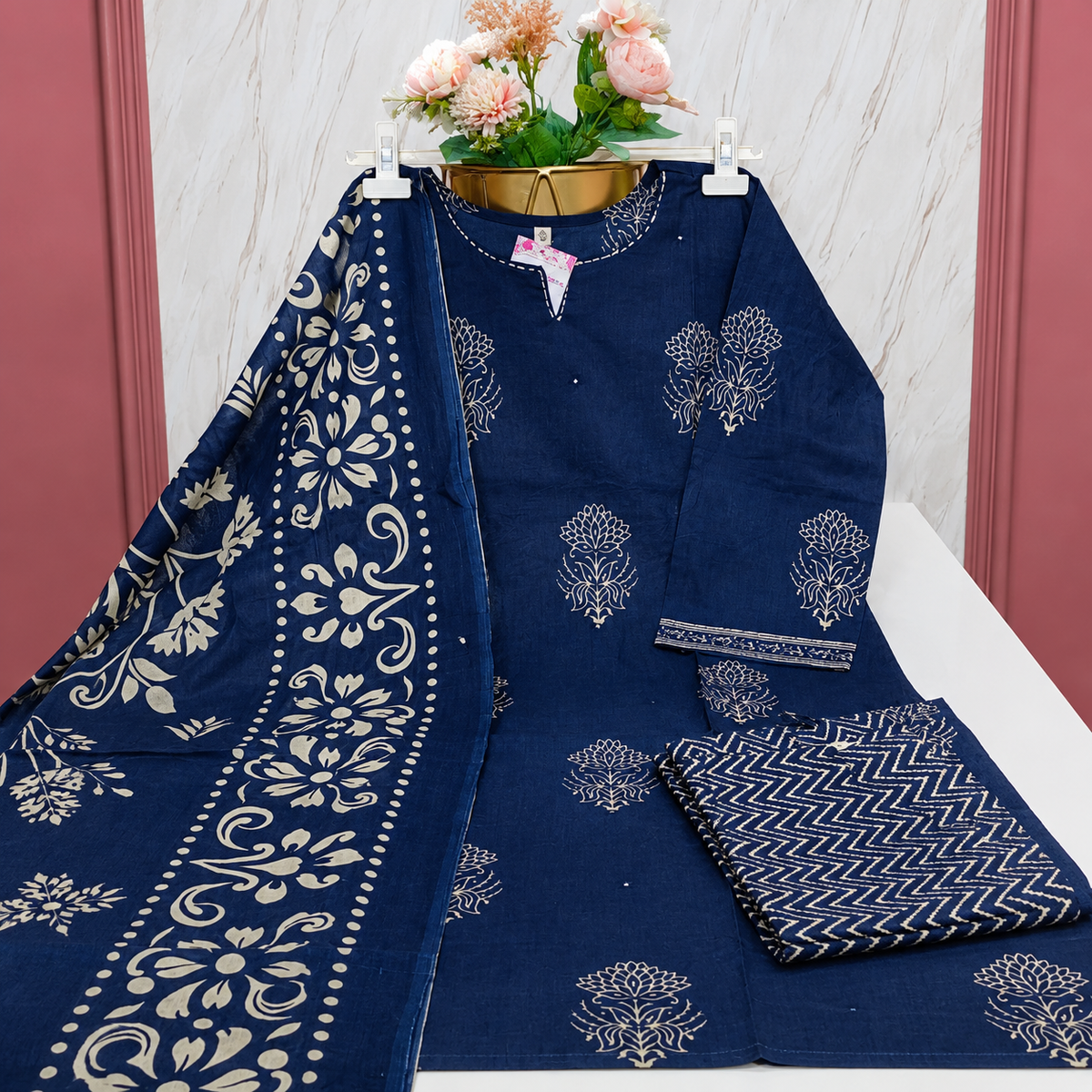 Premium Navy Blue 60s Cotton 3-Piece Set