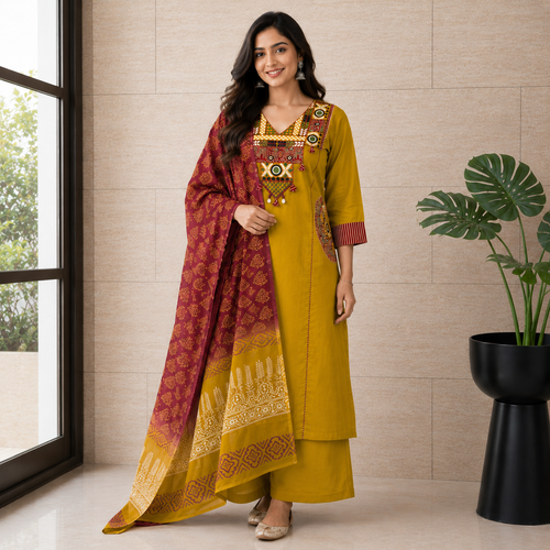 Premium Dabu Cotton A-Line Kurti Set