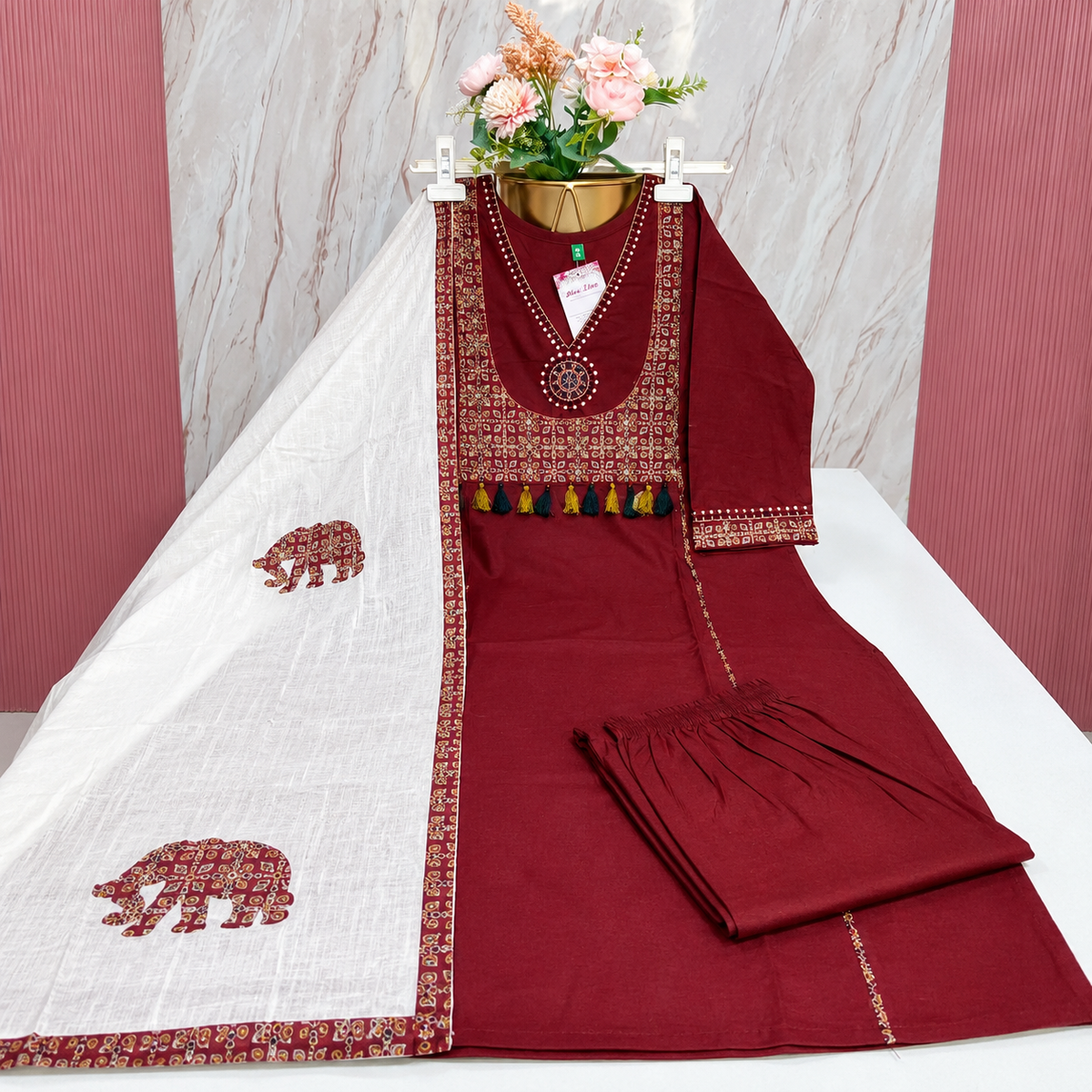 Dabu Cotton 3-Piece Kurti Set Elephant motif Dupatta