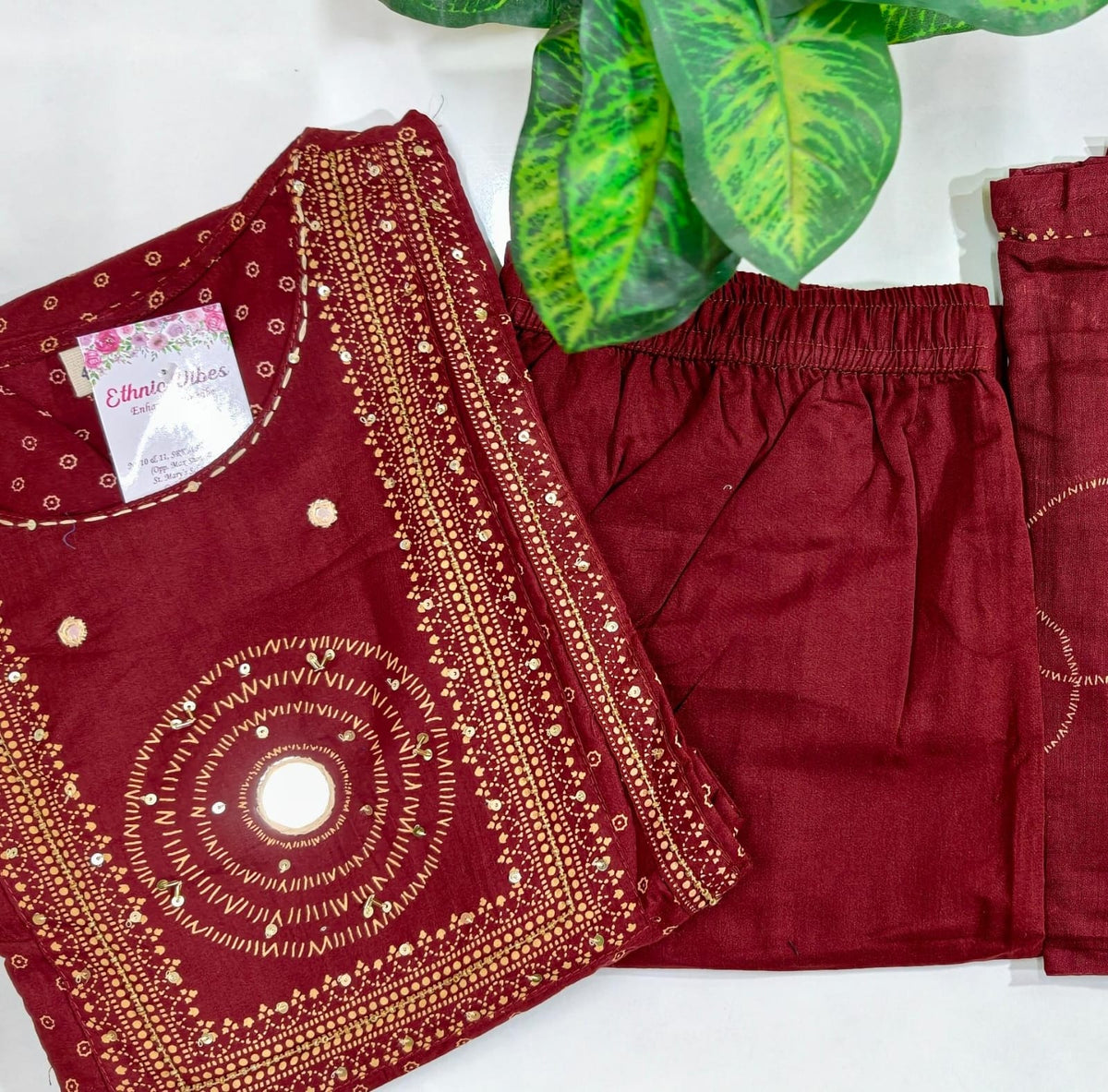Elegant Maroon  A-Line Cotton Kurti Set