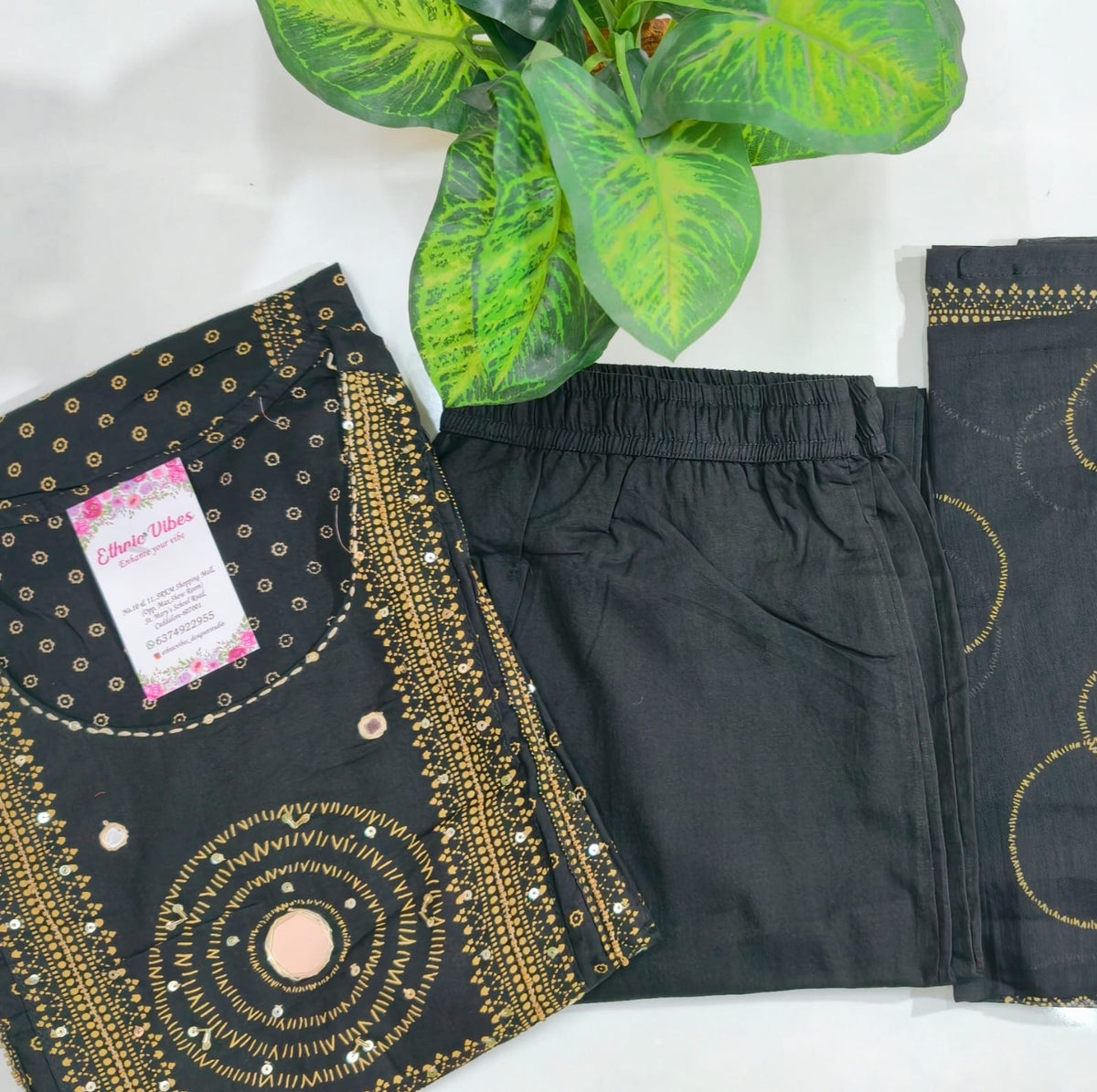 Elegant Black A-Line Cotton Kurti Set