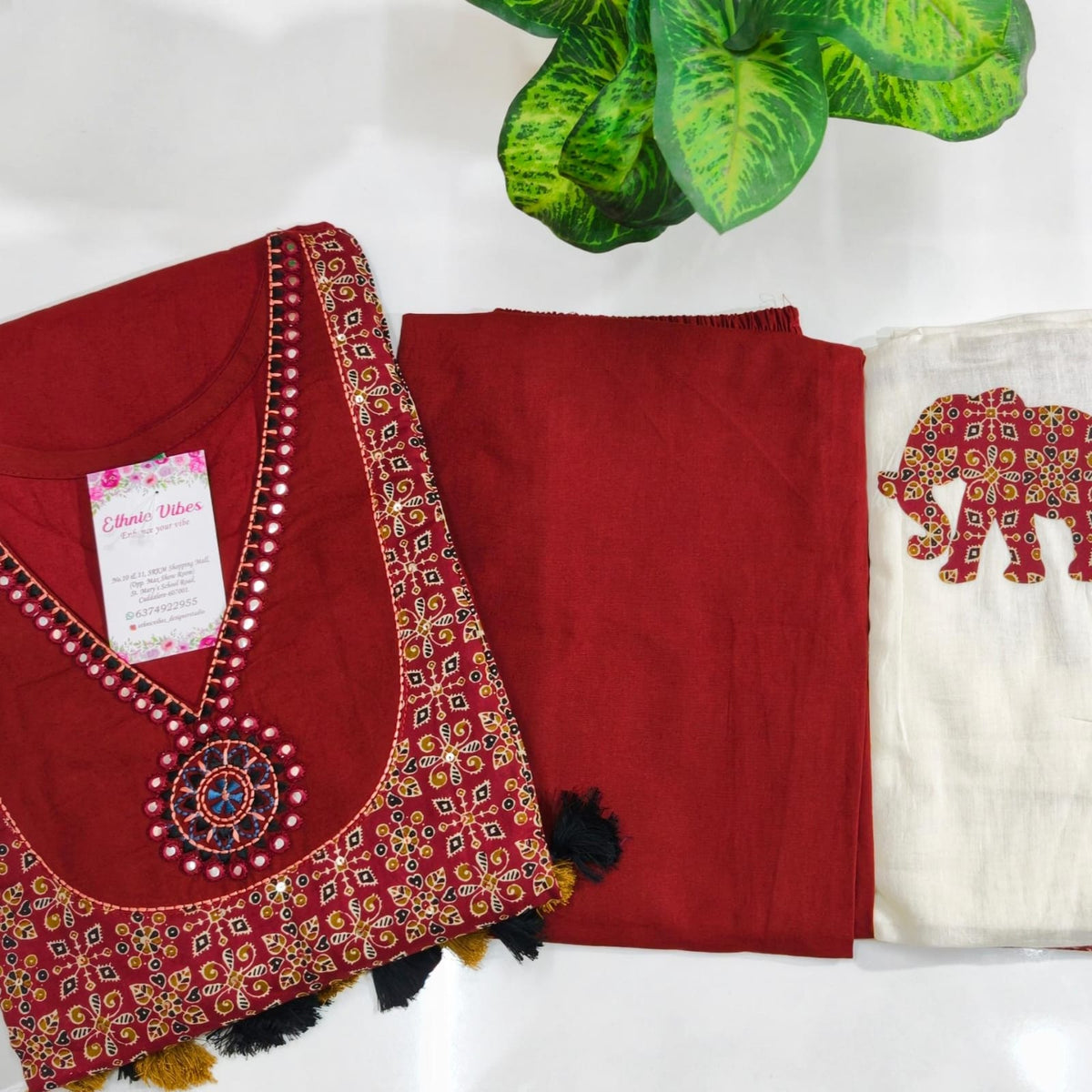 Dabu Cotton 3-Piece Kurti Set Elephant motif Dupatta