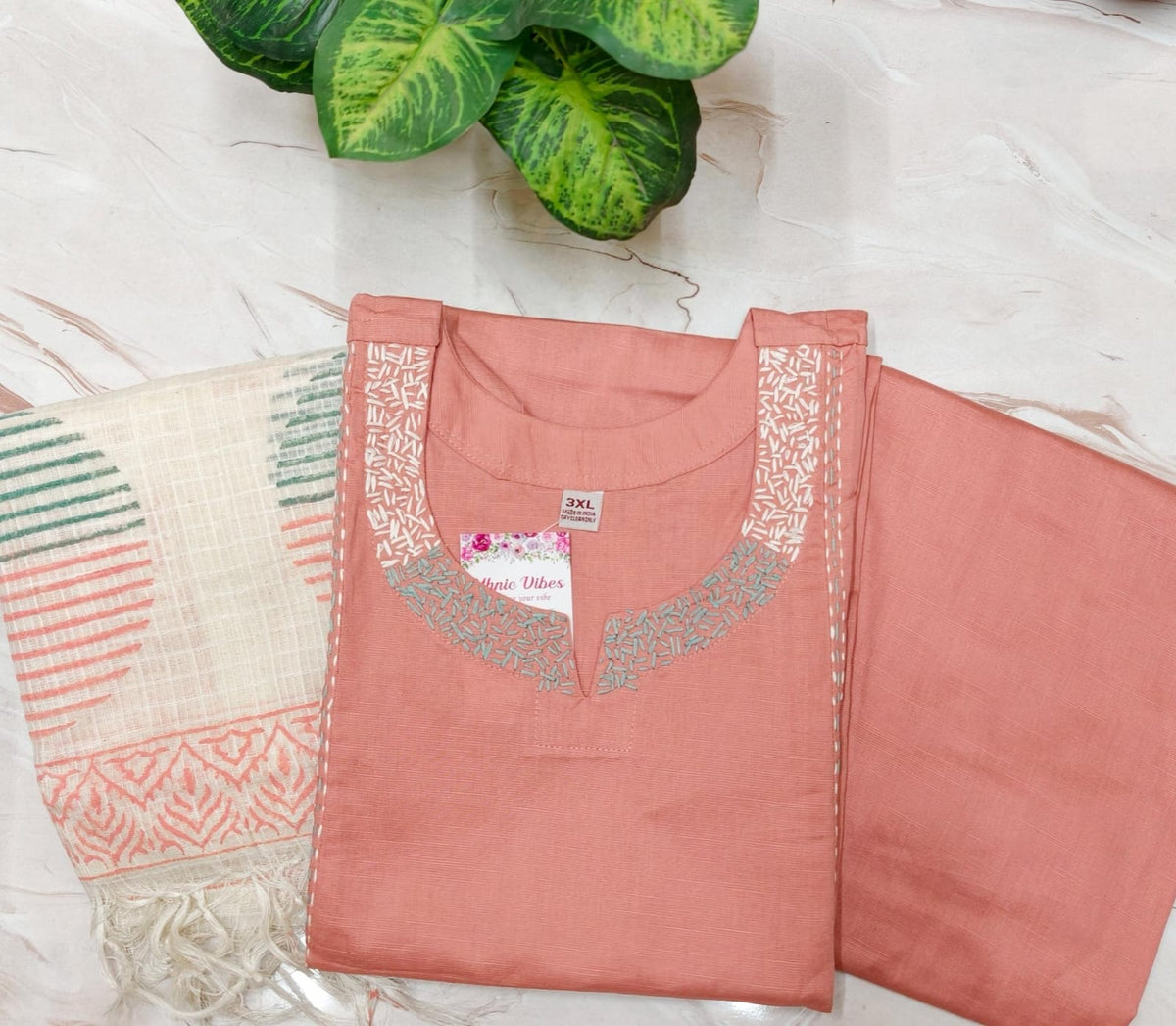 Elegant Slub Cotton A-Line Kurti Set