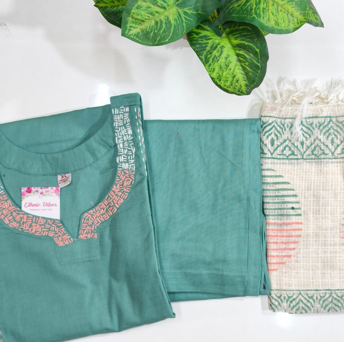 Elegant Slub Cotton A-Line Kurti Set