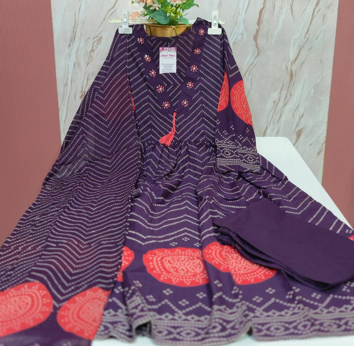 Premium 60's Cotton Anarkali Kurti Set – Bandhani Print Collection