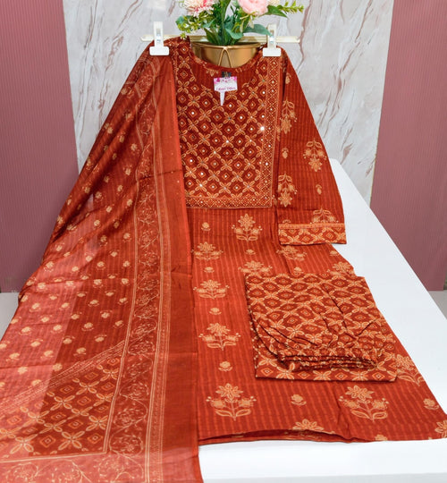 🤎 Rust Brown 60's Pure Cotton 3-Piece Kurti Set 🤎