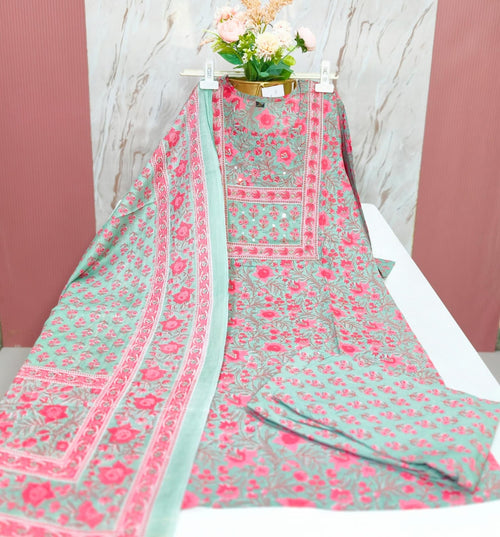 💚 Sage Green 60's Pure Cotton 3-Piece Kurti Set 💚
