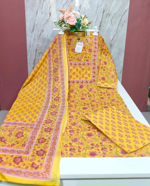 💛 Mustard Yellow 60's Pure Cotton 3-Piece Kurti Set 💛