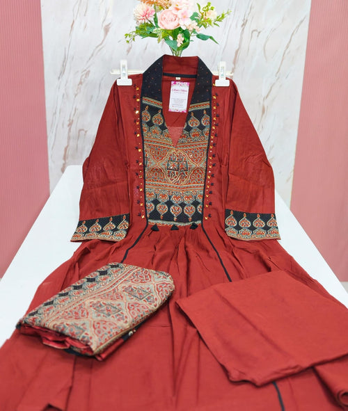 ✨ Premium Mustard Red 60's Cotton A-Line Kurti Set ✨