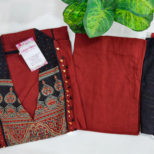 ✨ Premium Mustard Red 60's Cotton A-Line Kurti Set ✨