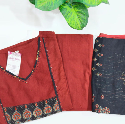 Premium Maroon 60s Cotton A-Line Kurti Set