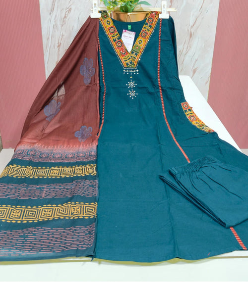Teal Blue 60s Cotton A-Line Kurti Set