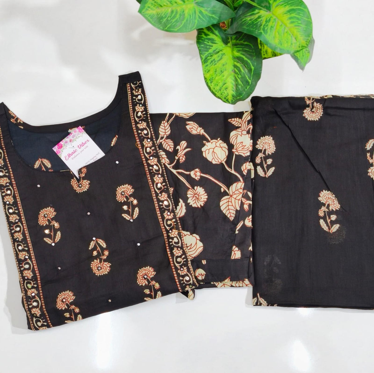 Premium Black 60s Cotton Straight Kurti Set