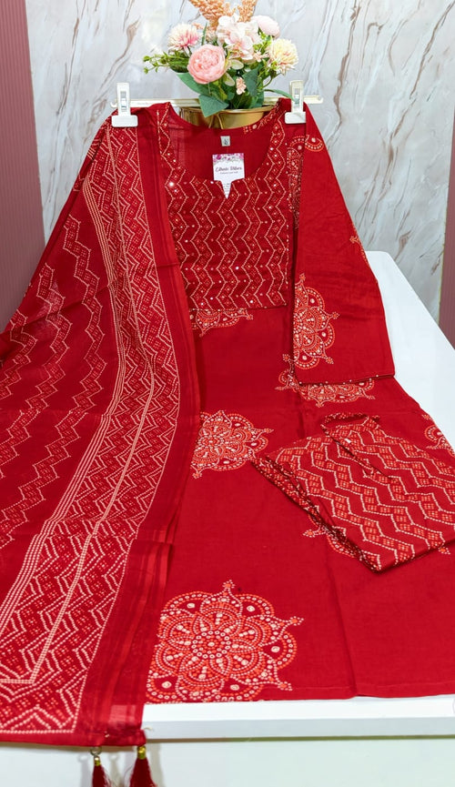Premium Red Straight Cut Cotton Kurti Set