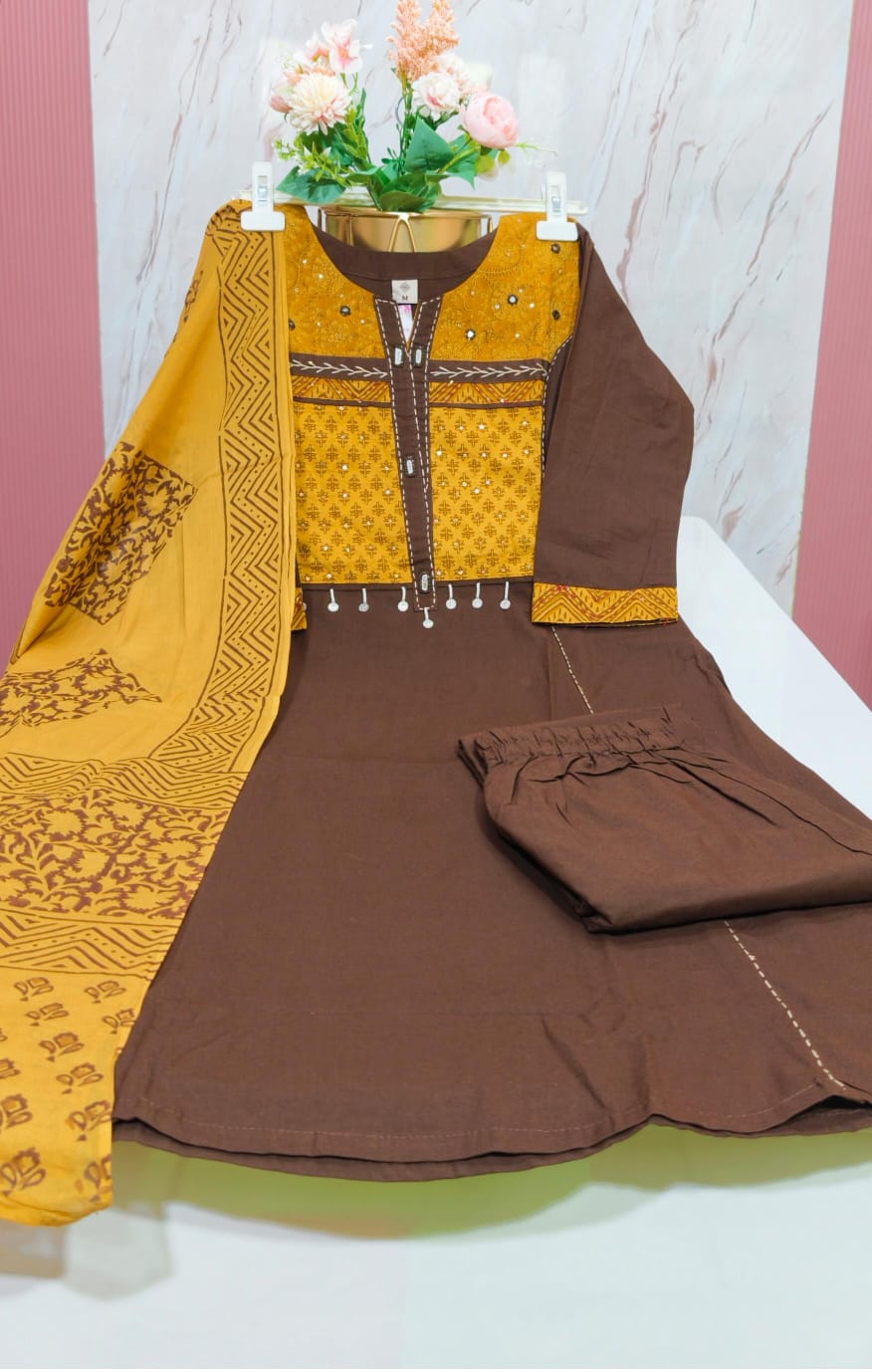 🤎 Premium Dhabu Cotton 3-Piece Kurti Set – Coffee Brown & Mustard Yellow