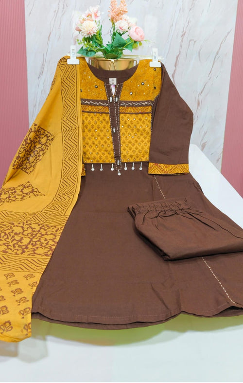 🤎 Premium Dhabu Cotton 3-Piece Kurti Set – Coffee Brown & Mustard Yellow