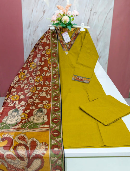 Premium Mustard Yellow 60s Cotton 3-Piece Kurti Set