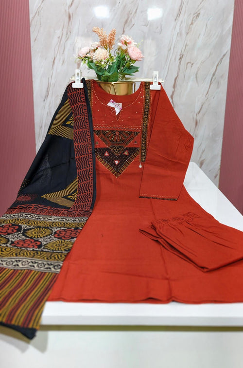 Rust Orange Dabu Cotton A-Line Kurti Set