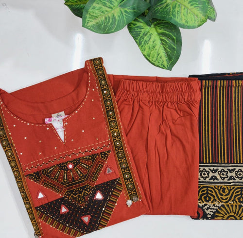 Rust Orange Dabu Cotton A-Line Kurti Set