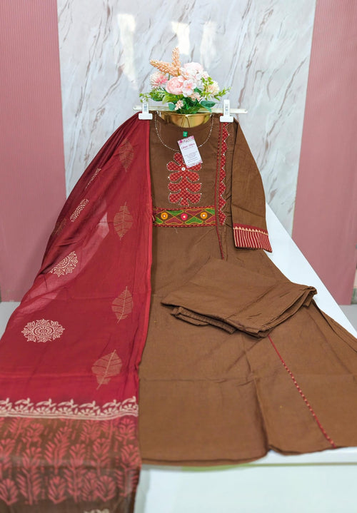 Pure Dhabu Cotton A-Line 3-Piece Set – Brown with Maroon Dupatta