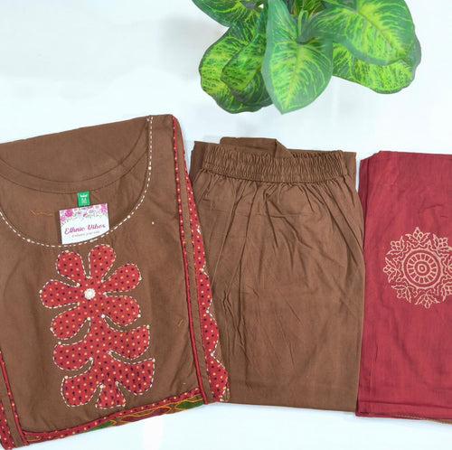 Pure Dhabu Cotton A-Line 3-Piece Set – Brown with Maroon Dupatta