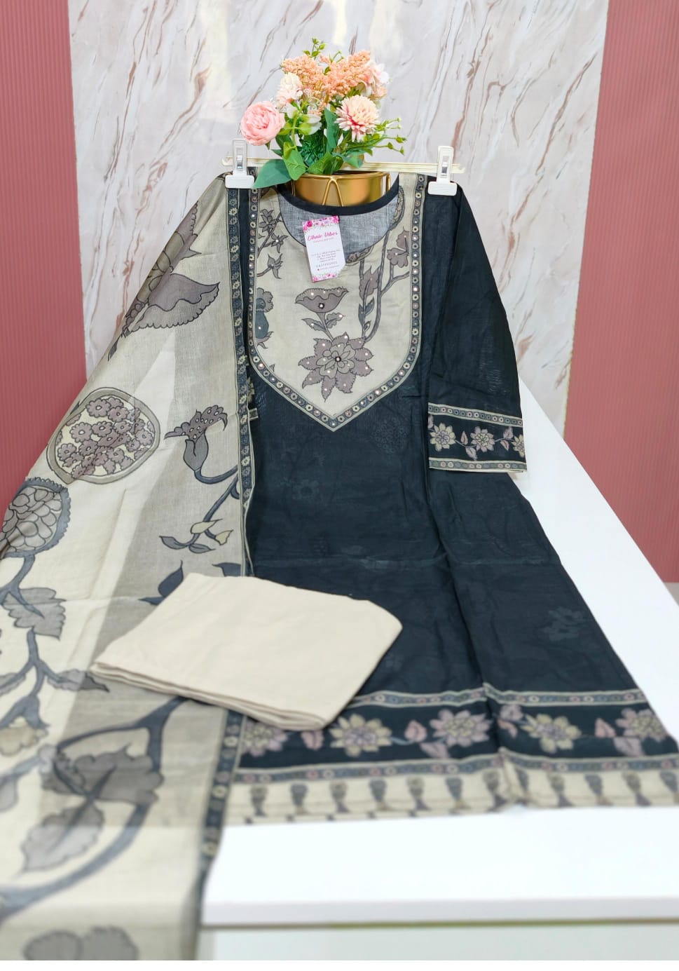 Charcoal Black Cotton 3-Piece Kurti Set