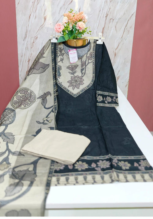 Charcoal Black Cotton 3-Piece Kurti Set