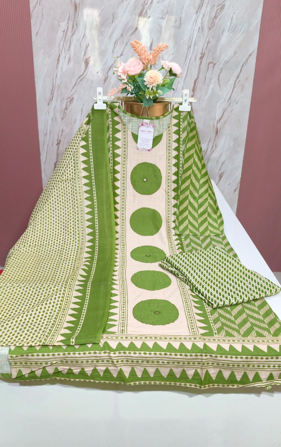 Slab Cotton 3-Piece Kurti Set – Green