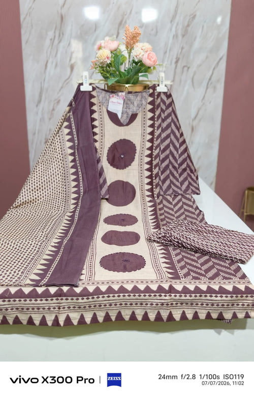 Slab Cotton 3-Piece Kurti Set – Light Brown