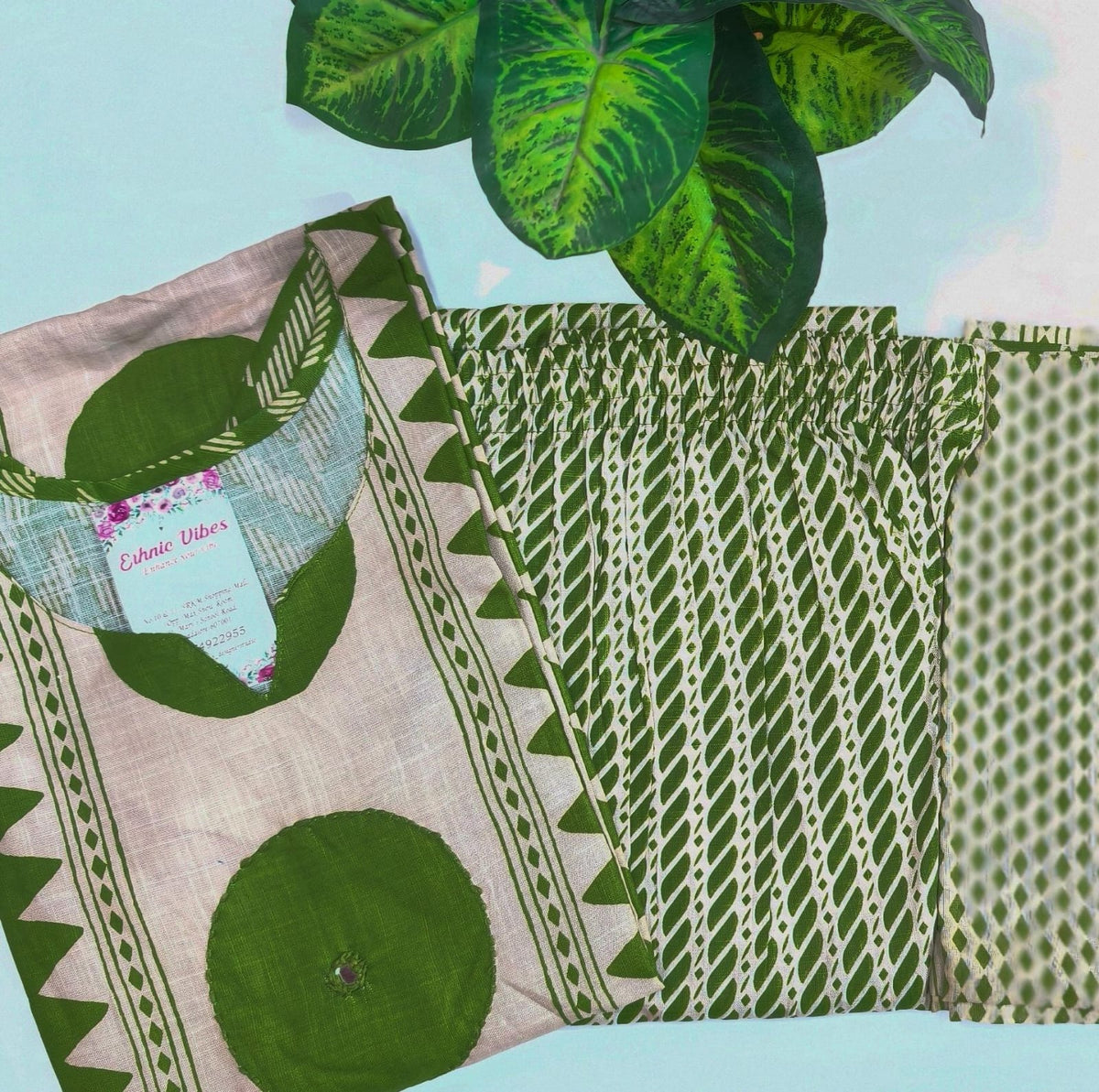 Slab Cotton 3-Piece Kurti Set – Green